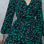Subdued Emerald Leaf Floral Print Ruffle Tiered Flare Sleeve Dress Photo 0