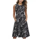 Calvin Klein  Black White Sleeveless Midi Flare Scuba Crepe‎ Dress Size 8 Pockets Photo 2