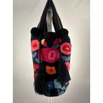 LARGE Black Wayuu Colombia Mochila Fuzzy Floral Bucket Bag Pom Poms (b38) Photo 4