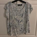 Tahari XL Linen T-Shirt Blue White Leaf Print Short Sleeve Casual Top Photo 0