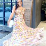 Mac Duggal  Yellow Floral Chiffon Lace Up Tie Up Back Gown Dress Photo 6