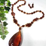 Handmade Amber Glass and Natural Stone Teardrop Necklace Earrings Set New Brown Photo 0