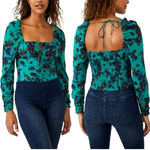 Free People  Hilary Floral Printed Low Square Back Top Teal S Photo 1