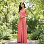Azazie  Coral Bridesmaid Dress V-Neck Maxi Chiffon Size 4 Photo 7