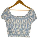 Lush Clothing New Lush Womens Size XL Cropped Top Smocked Cap Puff Sleeve White Blue Swirl Photo 0
