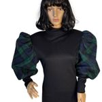 Vintage Leslie Lucks plaid drop waist dress puffy sleeves green black medium Photo 4