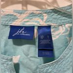 Floral Linen Tunic Top Shirt Blouse Blue Turquoise White Casual Vacation Large Photo 3