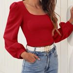 SheIn Lantern Sleeve Solid Top Photo 2