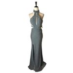 La Femme  Dress Women 00‎ Gray Gunmetal Beaded High Neck Cut Out Formal Gown Prom Photo 2