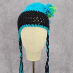 Blue Black Braid Pom Pom Tassel Crochet Funky Knit Bucket Cap Hat Beanie Photo 1