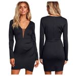 Lulus Nuria Long Sleeve Bodycon Deep V Mini Dress Black Small Photo 1
