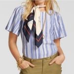 CAbi  Linen #5343‎ Wing Blue Seersucker Striped Tunic Top Womens Size S Short Slv Photo 0