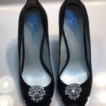 Grazia Women’s Black Satin Rhinestone Jewel Embellished Peep Toe Stiletto Heels Size undefined Photo 1