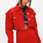 Pretty Little Thing Red Denim Ruffle Crop Jacket Photo 0