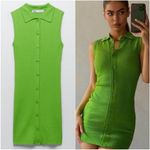 ZARA Button Up Polo Collar Knit Green Ribbed Sleeveless Mini Dress Size Medium Photo 4