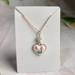 Cute Flower Necklace, Mint Pearl Pink Tulip, Heart Charm, Dainty, Coquette Fun Green Photo 1