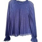 ZARA  Knit Blue Pleated Bell Sleeve Ruffle High Neck Semi Sheer Blouse Size M Photo 4