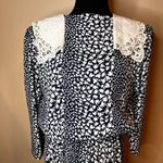 VTG 80s Lace Bow Tie Graphic Pattern Belted Dress SZ M Mad Men Doiley Unique Blue Size M Photo 2