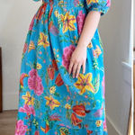 Farm Rio Toucans Garden Blue Floral Puff Sleeve Open Back Midi Dress XS Photo 0