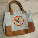 Tory Burch Ella Canvas Embroidered Leather Beige Tote Bag Photo 0