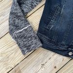 Free People Black Denim Trucker Jacket Hooded Distressed Knit Sleeves Size S Photo 4