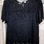Vintage 80s Denise Elle Black Beaded Silk Top S Art Deco Sequin Evening Blouse Size L Photo 0