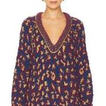 Free People  Leopard Little Animal Pullover Crew Neck Sweater Blue Fig Combo XS Photo 0