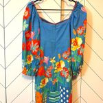 Farm Rio  Women’s XS Linen Blend Printed Mini Dress Blue Red Flower Puff Sleeve Photo 3