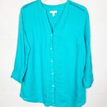 Charter Club  Womens 100% Linen Aqua Blue Button Down Vacation Shirt Sz Medium Photo 0