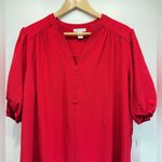 London Times Red Crepe Shift Dress Pleated Back & Shoulders V Neck Half Sleeve Photo 1