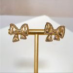 Gold Bow Stud Earrings Faux Pearl Crystal Embellished Coquette NWT Photo 2