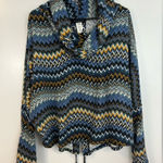 Ariella  Blue Zig Zag Chevron Cowl Neck Lace Up Pullover Sweater Size Large Photo 0