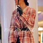 ZARA  TWEED WEAVE JACKET BLAZER W/ GEM JEWEL BUTTON RED/WHITE Size M NEW Photo 3