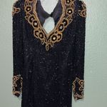 vintage Morigana long sleeve heavily beaded black and gold silk dress 70s 80s Size 10 Photo 2