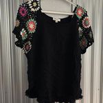 Umgee Boho Cotton Linen Black Blouse Bottom Fringe Crochet Sleeves Photo 0