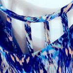 Cato Caged Back Belted Midi Blouson Dress Medium Blue Tan Cream Pattern Photo 11