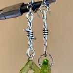 Handmade aesthetic fairy rock goth mix style spikes & Czech glass olive color beads dangle earrings🍃🌙🌳🫒ψ(`∇´)ψ Photo 1