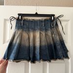 Distressed Washed Denim Pleated Mini Wrap Bow Skirt Blue Size XS Photo 3