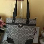 Coach Hampton Signature Silver Jacquard snap satchel purse small tote Photo 0