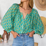 India Collection Emerson Fry Frances Frida Blue Green Organic Cotton Top EUC XS Photo 0