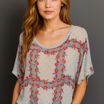 Language Lace Trim Floral Print Dolman Sleeve Top Shirt Boho Crochet Lightweight Gray Size XS Photo 0