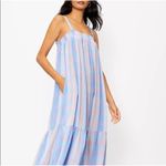 Loft  Midi Dress Pastel Blue Pink Plaid Smocked Tiered Square Neck Sundress Photo 8