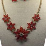 Vintage Flower Pot Bloom Red/Orange Fall Rhinestone Statement Necklace Earring Orange Photo 2