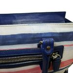 Coach Stripe Canvas & Navy Leather Satchel Tote – Tassel Bag Zip Pocket – Large Photo 7