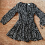 Princess Polly  Black with White Floral Long Sleeve Mini Faux Wrap Dress Size 4 Photo 0