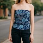 Free People NWOT  Ruched Bandeau Top in Blue Floral Paisley Photo 0