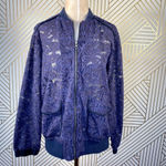 Anthropologie  Elevenses Miranda Lace Bomber Jacket Zip Navy Blue‎ Size Small Photo 2