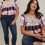 Torrid Crinkle Gauze Crochet Trim Detail Top Purple Plaid Boho Style Festival Photo 1