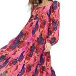 Never Fully Dressed Art To Wear Tiered Square Neckline Midi Dress in Multi Pink Size 2 Photo 2