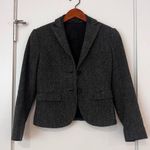 Theory Shamara Gray Black Leather Elbow Patch Slim Short Wool Blazer Jacket Photo 2